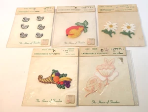 D-27 Lote de 5 Apliques Bordados Vintage Nuevo de Lote Antiguo Cornucopia Pera Margarita Tulipán Cisne - Imagen 1 de 8