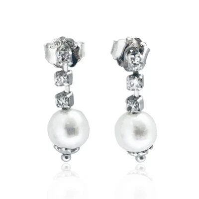 Orecchini pendenti tennis mm 17 argento 925 rodiato con strass bianchi e perla - Immagine 1 di 2