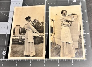 1910s Woman Doing LAUNDRY Clothesline Drying Clothes Antique Snapshot PHOTO Pair - Picture 1 of 4