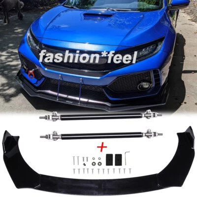 For Honda Civic LX EX Si Car Front Bumper Lip Glossy Spoiler Splitter Strut Rods - Image 1 of 4