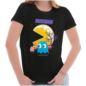 PACMAN Arcade Game Halloween Full Moon Night Womens Top Junior Graphic Tee - Picture 1 of 7
