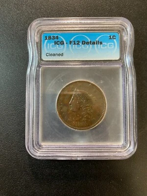1834 CORONET HEAD LARGE CENT ICG F-12 DETAILS - TYPE COIN - CERTIFIED SLAB - 1C - Image 1 of 2