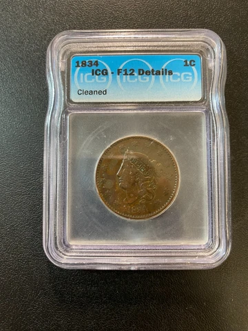 1834 CORONET HEAD LARGE CENT ICG F-12 DETAILS - TYPE COIN - CERTIFIED SLAB - 1C Cover