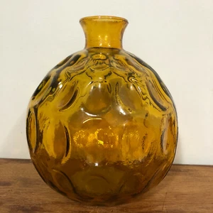 Vtg Golden Yellow Amber Thumbprint Pressed Glass Round Vase 7.5" Tall Bohemian - Picture 1 of 9