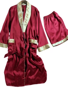 Mens 2pcs 100% Pure Mulberry Silk Print Sleepwear Robe & Shorts Set Size S M L - Picture 1 of 4