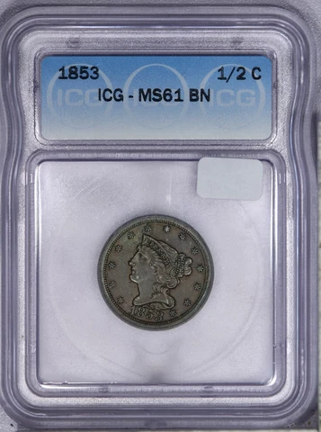 1853 Braided Hair Half Cent H1c 1/2c ICG MS61 BN Cover