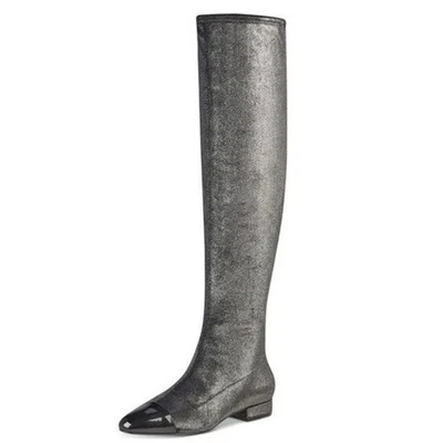 Women's Charcoal Grey Metallic Over-The-Knee Stretch Boots | Size 7.5 M | NEW - Image 1 of 4