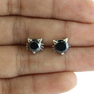 2.00 Ct Solitaire Black Onyx Adorable Kitty Cat Stud Earrings Solid 14K Gold - Picture 1 of 12