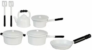  Casa de Muñecas Miniatura 10 Piezas Blanco Negro Ollas Sartenes Accesorios Escala 1:12 Nuevo - Imagen 1 de 1