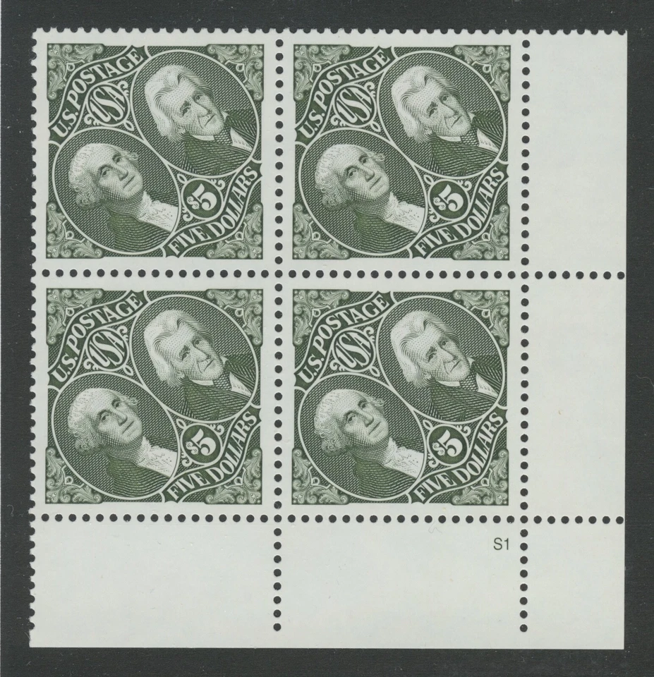 US, Sc 2592 $5 Plate Block Mint Never Hinged Washington Jackson CV $40 - Image 1 of 1