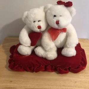 Weiße Liebe Teddybären Plüsch auf rotem Kissen Valentinstag Vorschlag Spaß "Ich liebe dich" - Bild 1 von 8