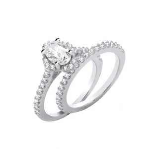 Sterling Silver Bridal Set Oval Engagement and Half Eternity Rings 925 Hallmark - Picture 1 of 5