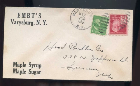 US  Advertising Cover (Maple Syrup & Sugar) 1940 Varysburg, NY to Syracuse, NY Cover