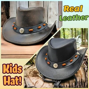 Kids Western Style Cowboy Hat 100% Real Leather Bull Concho Beaded Chinstrap UK - Picture 1 of 8