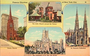 Postcard 4 famous churches of New York City linen unposted - Picture 1 of 2