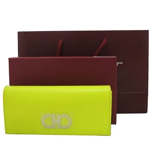 Ferragamo 22 B481 Silver Gancini Logo Embellished Yellow Saffiano Long Wallet fo - Picture 1 of 5
