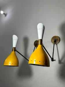 1950s Mid Century White and Mustard Brass Italian Diabolo Wall Sconce Light Pair - Picture 1 of 6