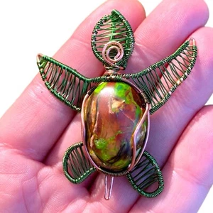 Unique Sea Sediment Green Copper Wire Wrap Turtle Pendant Tortoise Lover Gift - Picture 1 of 10