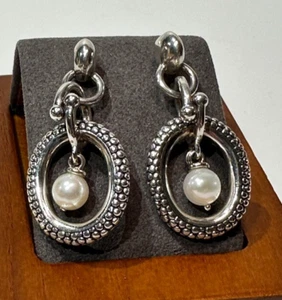 Stunning ~ Michael Dawkins ~ Sterling 925~  Snakeskin Pearl Drop Window Earrings - Picture 1 of 10