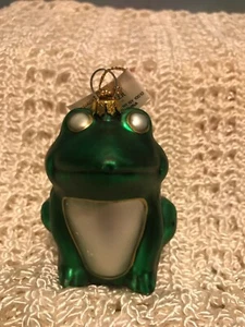 Vintage Kurt Adler Frog Blown Glass Christmas Ornament 3" Green w/ white eyes. - Picture 1 of 4