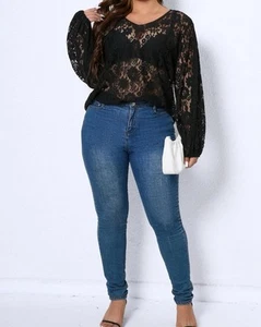 Derek Heart Plus-Sheer Black Lace Long Sleeve Top- Size 3X Stretch - Picture 1 of 6