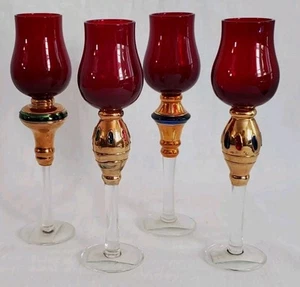 Mid Century Modern Ruby Red & Gold Long Stemmed 7" Venetian Glass Cordial ~4 Pcs - Picture 1 of 14