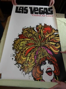 UNITED AIRLINES LAS VEGAS JEBARY Art Vintage Travel poster 1967 25x40 for resto - Picture 1 of 5