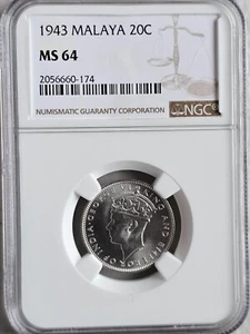 Malaya 20 Cents 1943 NGC MS 64 - Picture 1 of 2