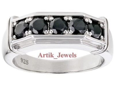 Natural Black Onyx Gemstone With 14K White Gold Plated Silver Men's Ring #424 - Image 1 of 4