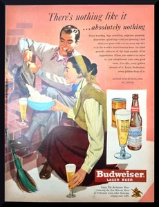 1949 Budweiser Bier Popcorn auf dem Feuer mit Knospen Kunst Vintage Druck Anzeige Kunst - Bild 1 von 1