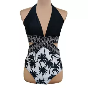 Damen Badeanzug Neckholder Palmenmuster Einteiler Strand Schwarz Weiß Größe M - Bild 1 von 9