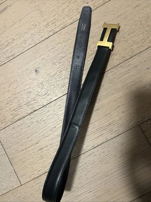 Authentic HERMES Black Leather Belt with Goldtone H Buckle - Image 1 of 2