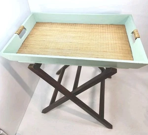 VTG Butler's Tray Table Rattan Top Real Wood Legs Sage Green Serving Tea Table - Picture 1 of 11