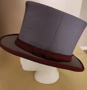 Vintage Gray Top Hat 7 1/8 USA Made Formal Dress Hat Maroon Band & Trim - Picture 1 of 18