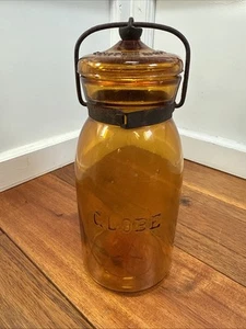 Amber Glass GLOBE 1886 Quart 77 Canning Jar Metal Ring Lever Lid Antique - Picture 1 of 6