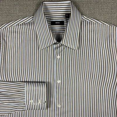 Hugo Boss Men's Shirt 16 1/2 16.5 Long Sleeve White Gray Blue Regular Striped - Image 1 of 4