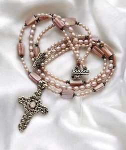 Signed Barse 925 Sterling Silver Genuine Pearl MOP Triple Strand Cross Necklace  - Picture 1 of 18