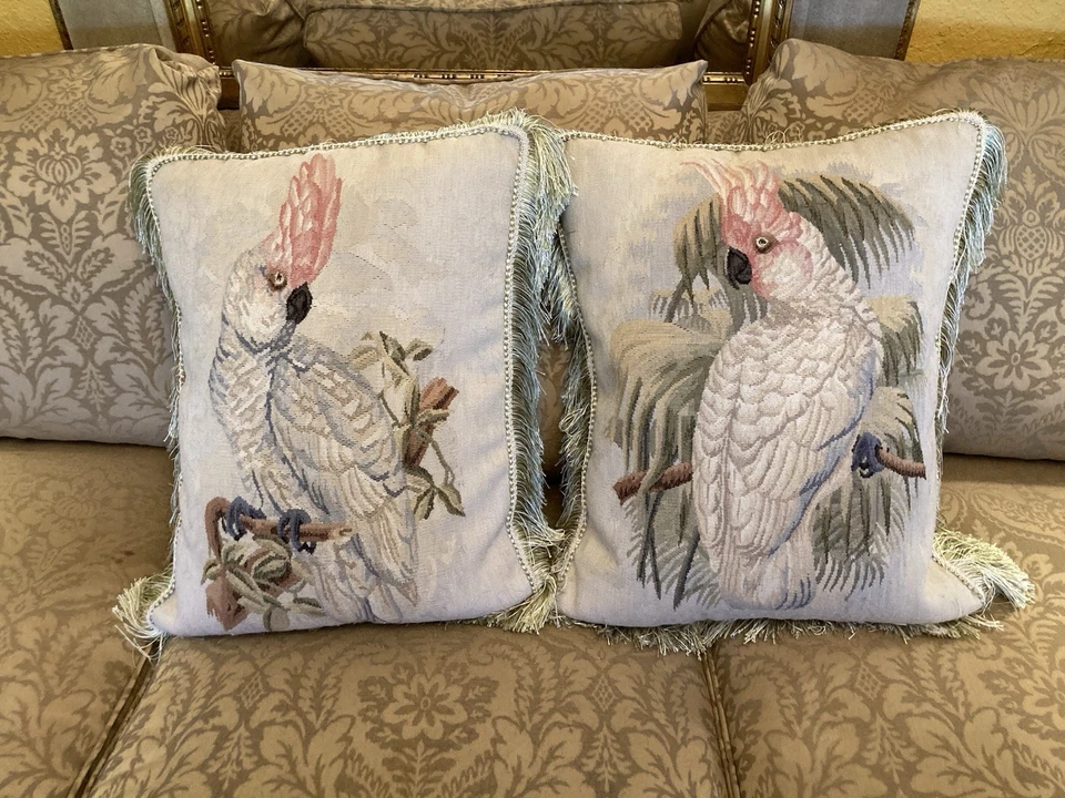 Almohadas de cacatúa 1990 tapiz de lana flecos de seda - Juego de 2 Foto 1 de 4