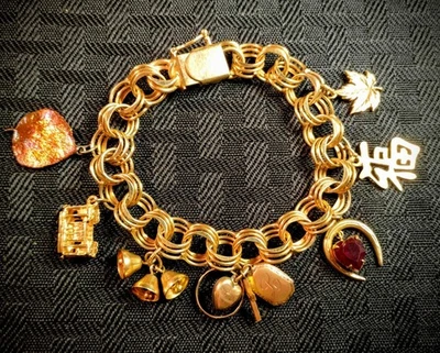 Vintage 14k Solid Yellow Gold Triple Link Charm Bracelet With Charms 31.57 Grams - Image 1 of 4