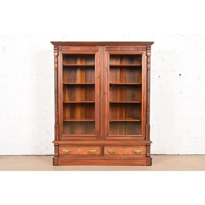Herter Brothers Style Antique Eastlake Victorian Carved Walnut Bookcase - Image 1 of 4