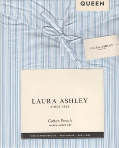 Laura Ashley Queen Sheet Set Bedford Skinny Stripe Blue 4pc Cottage Farmhouse - Picture 1 of 4