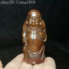 H 3.3 inch Chinese boxwood hand carved moneybags rich man god of wealth Statue