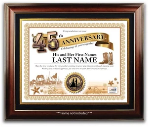 WEDDING ANNIVERSARY CERTIFICATE - Western Cowboy Boots Horse 45th 45 Year GIFT - Picture 1 of 2