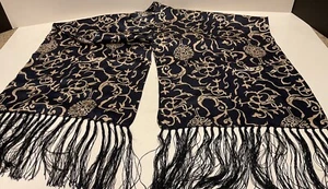 Vintage Seidentuch, tiefmarine/gold mit Fransen, 4’4” lang, inkl. Fransen. Markenlos - Bild 1 von 3