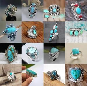 925 Silver Plated Rings Women Jewelry Oval Cut Turquoise Wedding Ring Size 6-11