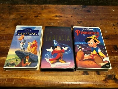 3 VINTAGE WALT DISNEY VHS TAPE MOVIES PINOCCHIO LION KING FANTASIA MICKEY MOUSE - Image 1 of 4