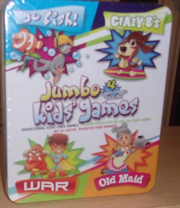JUMBO KIDS GAMES, GO FISH, CRAZY8'S , WAR, OLD MAID, TIN CANISTER NEW - Image 1 of 2