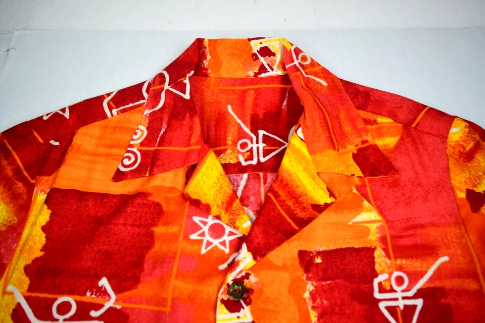 Camisa Hawaiana Vintage Años 50 Petroglifos Talla S/M Horizontal Botón Agujeros Naranja Foto 1 de 4
