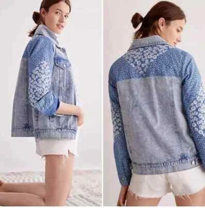 Avec Les Filles Anthropologie Blue Denim Floral Patchwork Long Sleeve Jacket 2XS - Picture 1 of 12