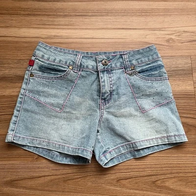 Mini Pantalones Cortos De Colección Bongo Lavado Ligero Tiro Bajo Denim Para Mujer 12 Y2K Rosa Bedazzle Foto 1 de 4